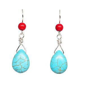 Handmade Blue & Red Magnesite Beaded Teardrop Silver Dangle Boho Earrings